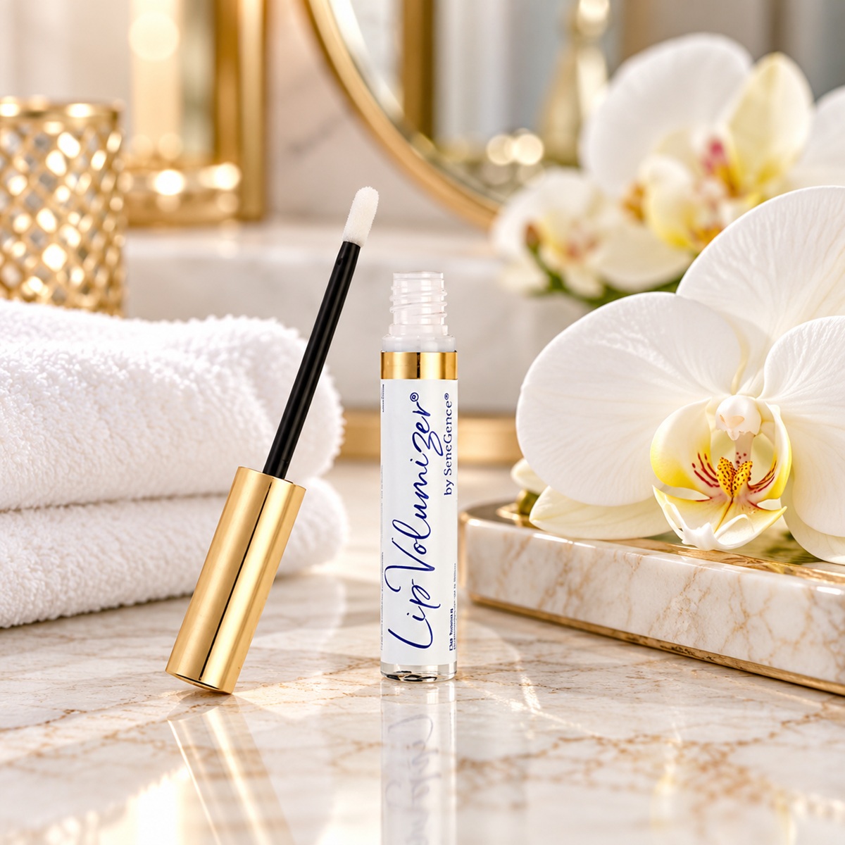 Open SeneGence LipVolumizer serum with applicator displayed on marble vanity with white orchids and gold accents