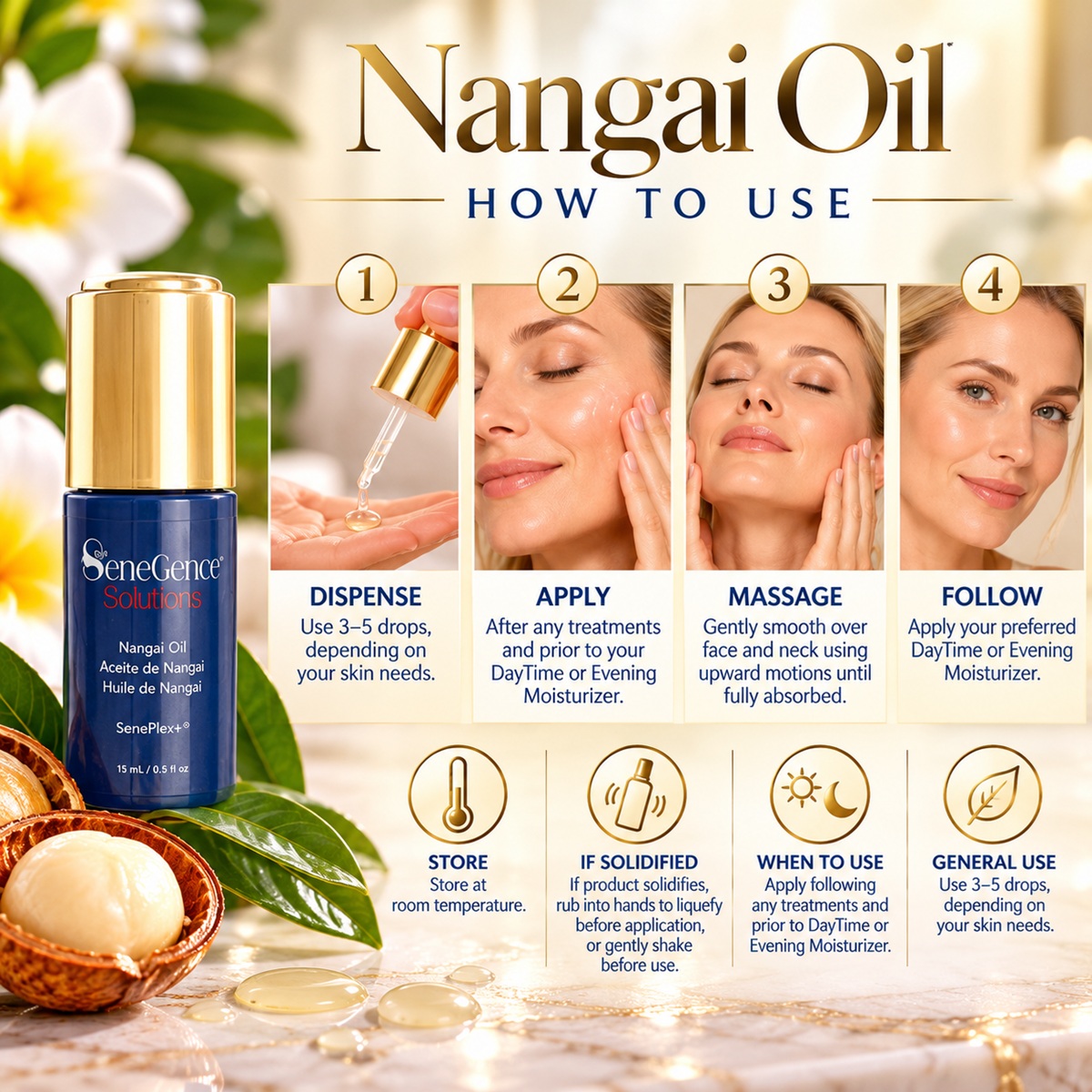 Nangai Oil application guide showing 3 to 5 drops applied after treatments and before moisturizer