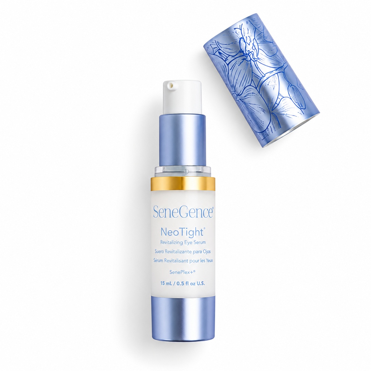 SeneGence NeoTight Eye Serum with cap removed showing pump applicator and blue floral cap