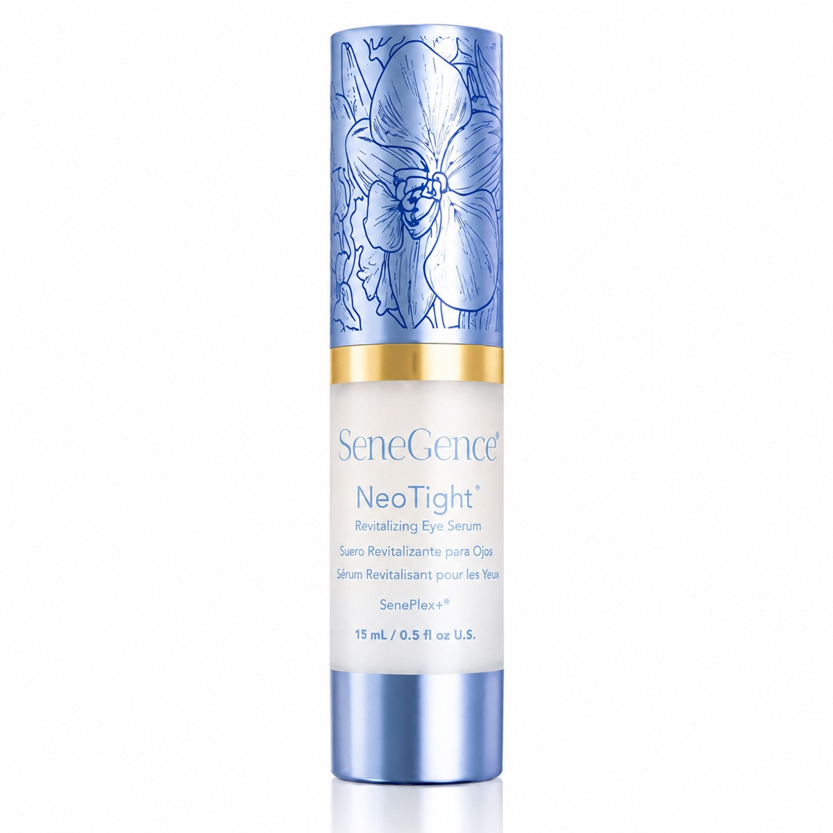 SeneGence NeoTight Eye Serum bottle with blue floral packaging and gold accents