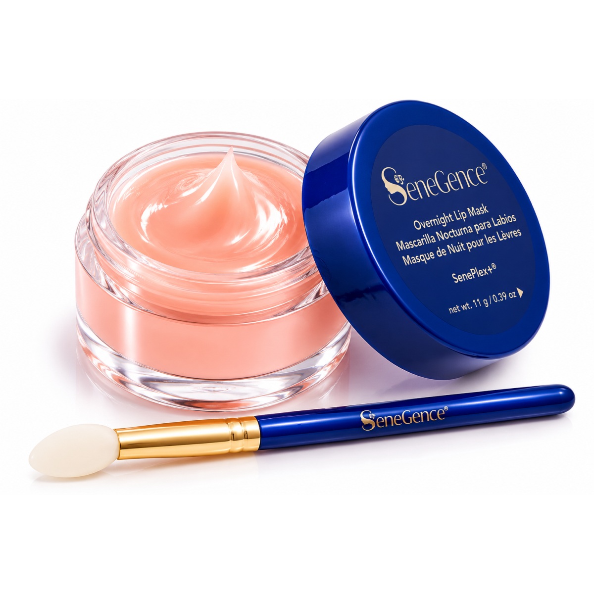 SeneGence Overnight Lip Mask applicator with navy blue handle, gold ferrule and soft white tip