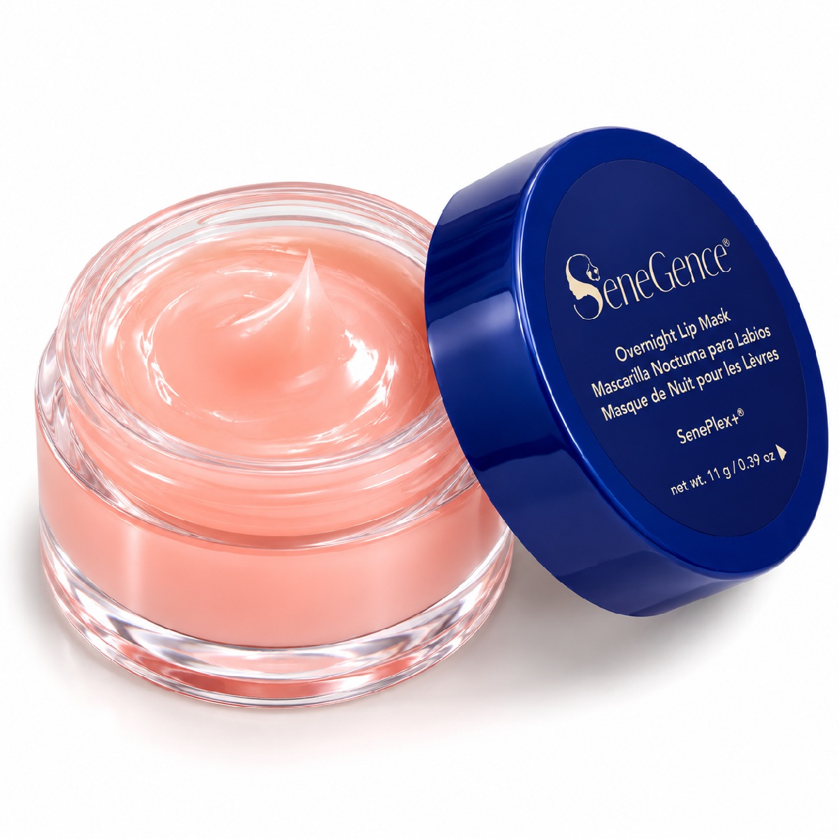 Open SeneGence Overnight Lip Mask jar showing glossy soft pink moisturizing formula