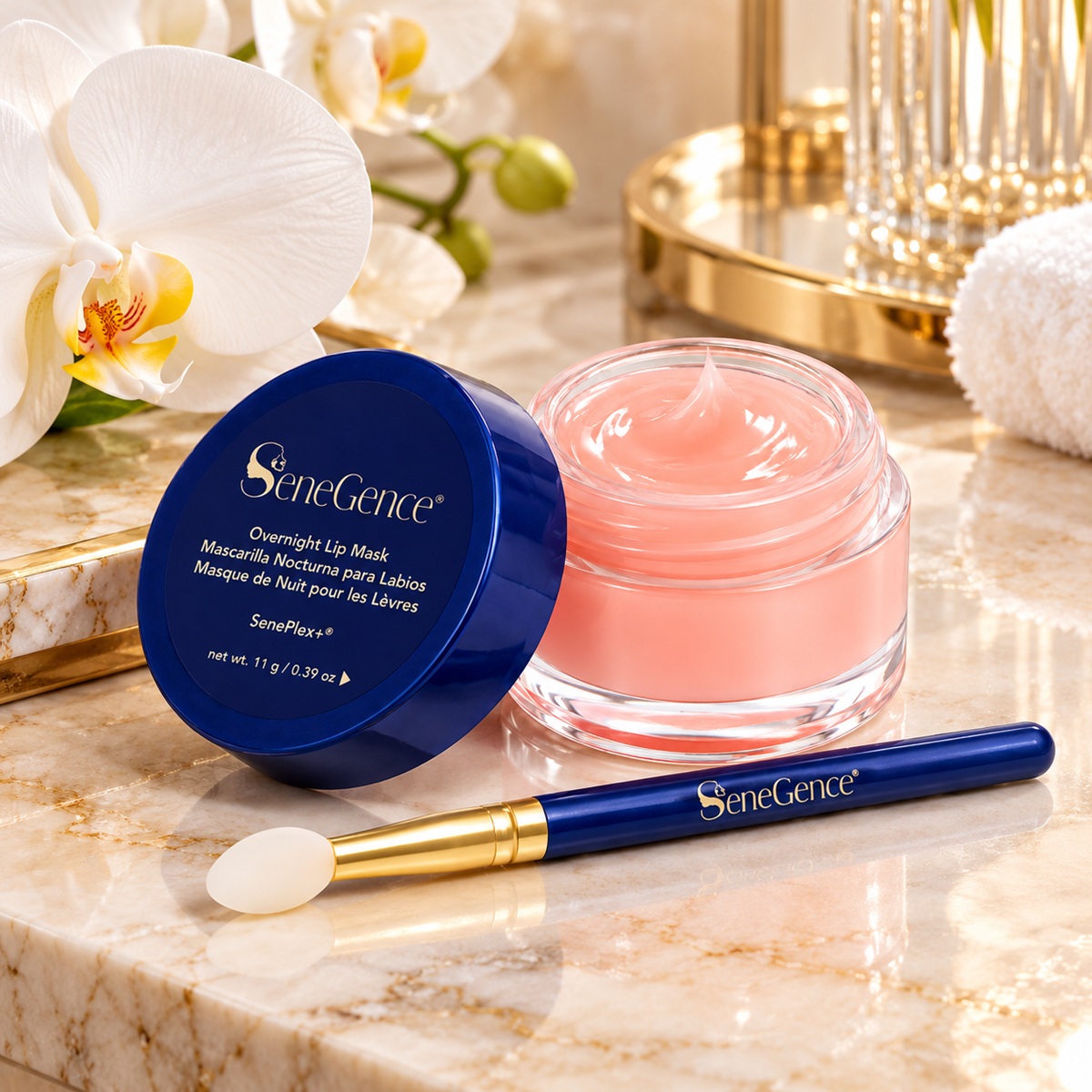 SeneGence Overnight Lip Mask luxury vanity display with pink lip treatment and applicator